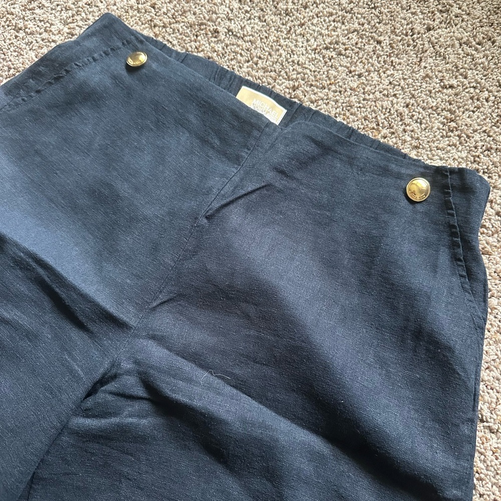 MICHAEL Michael Kors Navy Linen Blend Pants with Gold Button Details